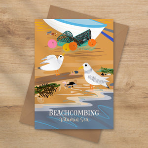 Illustrated card with beach scene and sea gulls, Beach combing greeting card by onneke vitamin sea