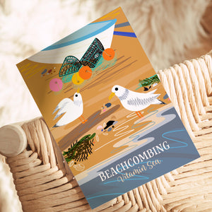 Illustrated card with beach scene and sea gulls, Beach combing greeting card by onneke vitamin sea