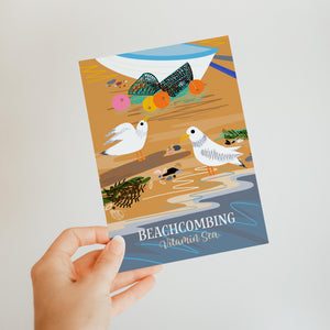 Illustrated card with beach scene and sea gulls, Beach combing greeting card by onneke vitamin sea