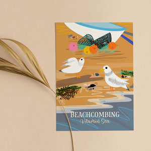 Illustrated card with beach scene and sea gulls, Beach combing greeting card by onneke vitamin sea