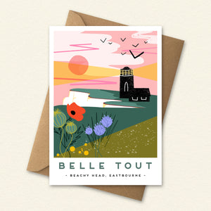 landmark illustration, Sussex landmark art, travel poster style print, vintage railway poster inspired, colourful landscape illustration, local landmark print, coastal wall art, UK seaside artwork, place inspired illustration, modern folklore art, gift for Sussex lovers, nostalgic travel art, illustrated location print, scenic landscape artwork, colourful coastal decor, local art gift, British landscape illustration, contemporary travel poster, Belle Tout, Belle Tout lighthouse, Beachy Head