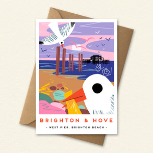 landmark illustration, Sussex landmark art, travel poster style print, vintage railway poster inspired, colourful landscape illustration, local landmark print, coastal wall art, UK seaside artwork, place inspired illustration, modern folklore art, architectural illustration print, destination art print, gift for Sussex lovers, illustrated location print, scenic landscape artwork, colourful coastal decor, local art gift, British landscape illustration, Brighton Beach, West Pier