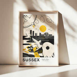 Sussex art print, Sussex landmark print, Sussex landscape print, Sussex coastal art, Sussex wall art, linocut style print, lino cut inspired art, minimalist landscape print, black and white art print, limited colour artwork, graphic landscape illustration, modern linocut illustration, Sussex coastline print, British landscape artwork, coastal wall decor, contemporary landscape art, travel poster style print, Sussex souvenir art, local landscape illustration, UK coastal art print