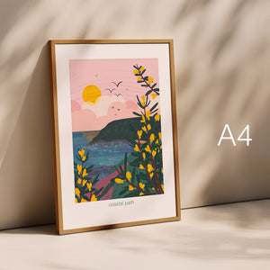 coastal path print, gorse illustration print, coastal landscape art, seaside wall art, A4 coastal wall art, nature inspired print, coastal home decor, beach walk artwork, cliffs and sea print, gift for walkers, coastal decor print, seaside illustration, UK coastal art, countryside and coast art, calming wall art, let’s go outside collection, ocean view artwork, botanical coastal print, eucalyptus paper print, coastal gift