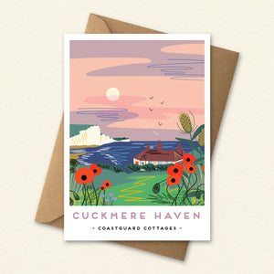 Greeting card with a scenic illustration of Cuckmere Haven and a matching envelope. Coastguard cottages and Seven Sisters Cliffs.