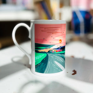 Cuckmere haven porcelain mug with the Seven sisters cliffs in the distance and the coastguard cottages