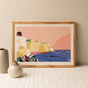 dreamy landscape print, Sussex coastal print, Seven Sisters cliffs print, Coastguard cottages print, Hope Gap print, Seaford Splash Point print, Seaford Head cliffs print, Sussex landscape art, Sussex wall art, Sussex coastline illustration, South Downs coastal print, British coastline artwork, coastal wall decor, seaside landscape print, Sussex gift, Sussex souvenir art, nature inspired wall art, coastal home decor, illustrated Sussex print, UK coastal landscape art