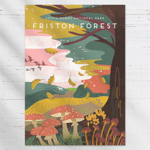 Sussex art print, Sussex wall art, Sussex landscape print, Sussex coastal print, Sussex landmark illustration, Sussex home decor, Sussex artwork, Sussex gift, Sussex poster print, illustrated Sussex print, coastal wall art Sussex, British coastline print, UK landscape illustration, nature inspired wall art, travel poster style print, vintage poster inspired art, contemporary landscape print, minimalist coastal decor, local landscape artwork, seaside wall decor, Friston Forest Print