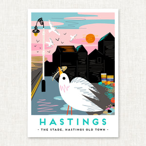 Hastings, The Stade, Hastings Old Town Print, Sussex art print, Sussex wall art, Sussex landmark print, Sussex landscape print, Sussex coastal art, Sussex illustration print, Sussex souvenir art, Sussex gift, British coastline print, UK landscape illustration, coastal wall art Sussex, travel poster style print, modern folk art print, naive illustration style art, graphic landscape print, contemporary landscape artwork, seaside wall decor, illustrated Sussex landscape, Sussex home decor, coastal poster print
