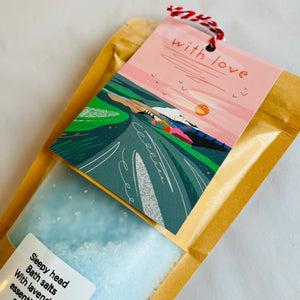 Aromatherapy bath potion made with an artful blend of pure essential oils: Lavender &amp; Marjoram and sea salt.
