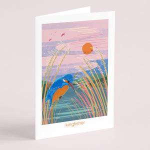 Greeting card with a kingfisher design on a pink and blue background