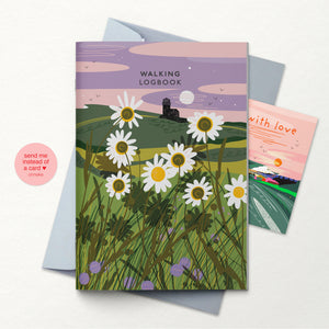 The complete walking logbook with the wild flower cover with the grey envelope and the little card that you can use to add a message to this letterbox gift