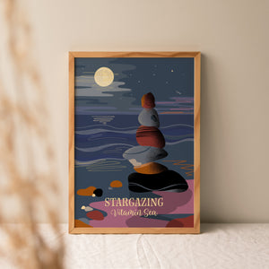 stargazing print, moonlit beach print, coastal night sky art, full moon illustration, stacked stones artwork, coastal art print, A4 coastal wall art, vitamin sea collection, ocean inspired wall art, gift for sea lovers, calming coastal decor, seaside wall art, night sky artwork, beach landscape print, nature inspired wall art, moon and stars print, coastal home decor, UK coastal illustration, tranquil wall art, seaside gift
