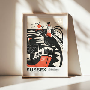 Sussex art print, Sussex landmark print, Sussex landscape print, Sussex coastal art, Sussex wall art, linocut style print, lino cut inspired art, minimalist landscape print, black and white art print, limited colour artwork, graphic landscape illustration, modern linocut illustration, Sussex coastline print, British landscape artwork, coastal wall decor, contemporary landscape art, travel poster style print, Sussex souvenir art, local landscape illustration, UK coastal art print