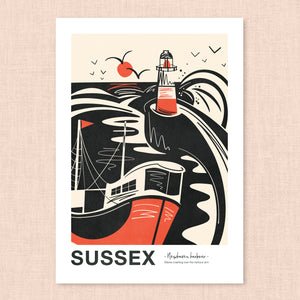 Sussex art print, Sussex landmark print, Sussex landscape print, Sussex coastal art, Sussex wall art, linocut style print, lino cut inspired art, minimalist landscape print, black and white art print, limited colour artwork, graphic landscape illustration, modern linocut illustration, Sussex coastline print, British landscape artwork, coastal wall decor, contemporary landscape art, travel poster style print, Sussex souvenir art, local landscape illustration, UK coastal art print
