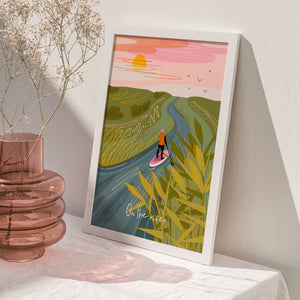 on the river print, paddle board print, paddleboarding wall art, river illustration print, SUP artwork, stand up paddle board art, A4 art print, gift for paddle boarders, river lover gift, water sports art, nature inspired wall art, calm landscape print, wanderlust collection print, outdoor adventure art, river decor, tranquil wall art, minimalist nature print, sustainable art print, UK illustrated wall art, river scene artwork