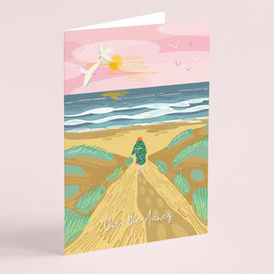 Illustration of a person walking on a beach with text 'Over the dunes' on a pink background