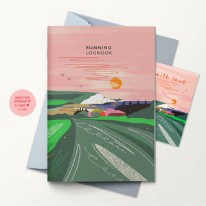 The complete running logbook with the golden hour cover with a grey envelope and a little card to add a message to send the logbook out as a letterbox gift