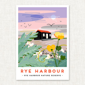 Rye, Rye Harbour, Red roofed hut, Sussex art print, Sussex wall art, Sussex landmark print, Sussex landscape print, Sussex coastal art, Sussex illustration print, Sussex souvenir art, Sussex gift, British coastline print, UK landscape illustration, coastal wall art Sussex, travel poster style print, modern folk art print, naive illustration style art, graphic landscape print, contemporary landscape artwork, seaside wall decor, illustrated Sussex landscape, Sussex home decor, coastal poster print