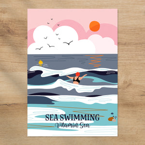 Illustration of a person sea swimming with a scenic background. Wild swimming greeting card onneke