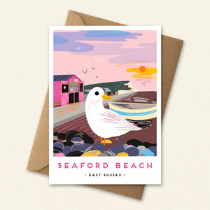 landmark illustration, Sussex landmark art, travel poster style print, vintage railway poster inspired, colourful landscape illustration, local landmark print, coastal wall art, UK seaside artwork, place inspired illustration, modern folklore art, architectural illustration print, destination art print, gift for Sussex lovers, nostalgic travel art, illustrated location print, scenic landscape artwork, colourful coastal decor, Seaford, Seaford Beach, Seaford Head Cliffs