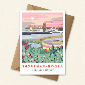 landmark illustration, Sussex landmark art, travel poster style print, vintage railway poster inspired, colourful landscape illustration, local landmark print, coastal wall art, UK seaside artwork, place inspired illustration, modern folklore art, architectural illustration print, destination art print, gift for Sussex lovers, nostalgic travel art, illustrated location print, scenic landscape artwork, colourful coastal decor, Shoreham-by-Sea, Shoreham, River Adur