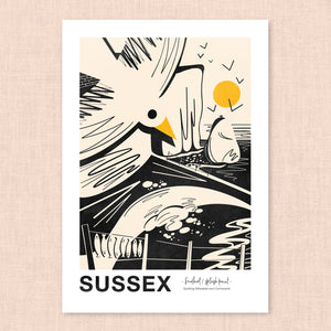 Sussex art print, Sussex landmark print, Sussex landscape print, Sussex coastal art, Sussex wall art, linocut style print, lino cut inspired art, minimalist landscape print, black and white art print, limited colour artwork, graphic landscape illustration, modern linocut illustration, Sussex coastline print, British landscape artwork, coastal wall decor, contemporary landscape art, travel poster style print, Sussex souvenir art, local landscape illustration, UK coastal art print