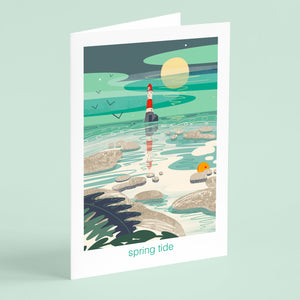 Lighthouse in the sea with a full moon rising and the Spring tide pulling in. Seaweeds and rocks and a buoy in the foreground. Illustration by onneke
