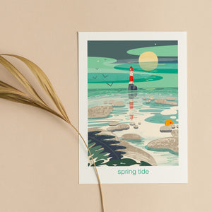 Artwork of a lighthouse on a beach with 'spring tide' text, a coastal greeting card by onneke