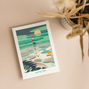 Illustration of a lighthouse on a beach with 'spring tide' text, nature inspired coastal greeting card by onneke