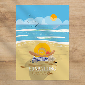 sunbathing print, beach illustration print, coastal art print, seaside wall art, summer beach artwork, A4 coastal wall art, vitamin sea collection, relaxing coastal decor, beach life illustration, gift for sea lovers, coastal home decor, beach house artwork, ocean inspired print, sunny beach scene art, minimalist coastal art, UK coastal illustration, nature inspired wall art, seaside bedroom decor, calming wall art, coastal lifestyle print