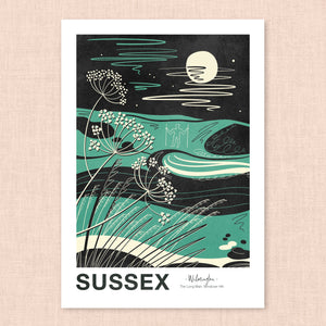 Sussex art print, Sussex landmark print, Sussex landscape print, Sussex coastal art, Sussex wall art, linocut style print, lino cut inspired art, minimalist landscape print, black and white art print, limited colour artwork, graphic landscape illustration, modern linocut illustration, Sussex coastline print, British landscape artwork, coastal wall decor, contemporary landscape art, travel poster style print, Sussex souvenir art, local landscape illustration, UK coastal art print, long man of Wilmington
