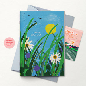 The complete travel logbook with the Rest cover with the grey envelope and the little card that you can use to add a message to send the logbook out as a letterbox gift