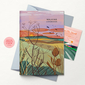 The complete walking logbook with the Sunset cover with the Southdowns with a grey envelope and a little card that you can use to add a message to send the logbook out as a letterbox gift