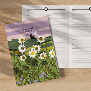 The wild flower walking logbook with the inside pages visible with prompts for walkers to record their hikes
