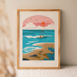 A framed wild swimming print called into the sea by illustrator onneke, part of a collection of gifts for wild swimmers, cold water dippers and thos who love to go into the sea.