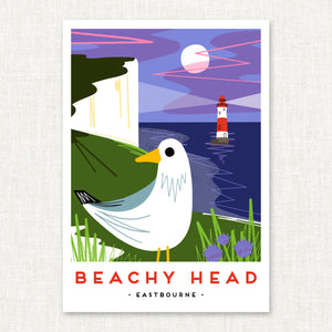 Beachy head, Beachy head lighthouse, Sussex art print, Sussex wall art, Sussex landmark print, Sussex landscape print, Sussex coastal art, Sussex illustration print, Sussex souvenir art, Sussex gift, British coastline print, UK landscape illustration, coastal wall art Sussex, travel poster style print, modern folk art print, naive illustration style art, graphic landscape print, contemporary landscape artwork, seaside wall decor, illus