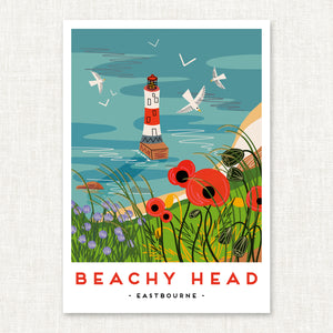 Beachy head, beachy head lighthouse, Sussex art print, Sussex wall art, Sussex landmark print, Sussex landscape print, Sussex coastal art, Sussex illustration print, Sussex souvenir art, Sussex gift, British coastline print, UK landscape illustration, coastal wall art Sussex, travel poster style print, modern folk art print, naive illustration style art, graphic landscape print, contemporary landscape artwork, seaside wall decor, illustrated Sussex landscape, Sussex home decor, coastal poster print