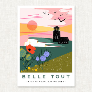 Belle tout lighthouse, Belle Tout, Beachy Head, Eastbourne, Sussex art print, Sussex wall art, Sussex landmark print, Sussex landscape print, Sussex coastal art, Sussex illustration print, Sussex souvenir art, Sussex gift, British coastline print, UK landscape illustration, coastal wall art Sussex, travel poster style print, modern folk art print, naive illustration style art, graphic landscape print, contemporary landscape artwork, seaside wall decor, illustrated Sussex landscape, Sussex home decor