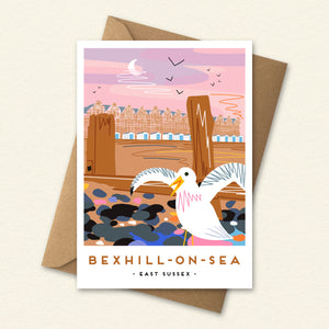 vintage railway poster inspired, UK seaside artwork. travel poster style print, Sussex landmark art, scenic landscape artwork, place inspired illustration, nostalgic travel art, modern folklore art, local landmark print, local art gift, landmark illustration, illustrated location print, gift for Sussex lovers, destination art print, contemporary travel poster, colourful landscape illustration, colourful coastal decor, British landscape illustration, Beach hut card, Bexhill, Bexhill on sea

