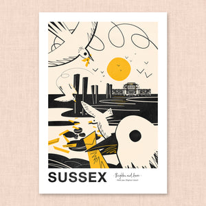 Sussex art print, Sussex landmark print, Sussex landscape print, Sussex coastal art, Sussex wall art, linocut style print, lino cut inspired art, minimalist landscape print, black and white art print, limited colour artwork, graphic landscape illustration, modern linocut illustration, Sussex coastline print, British landscape artwork, coastal wall decor, contemporary landscape art, travel poster style print, Sussex souvenir art, local landscape illustration, UK coastal art print
