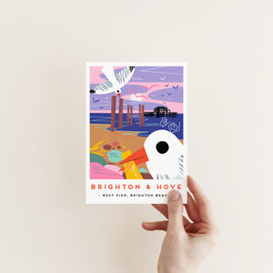 landmark illustration, Sussex landmark art, travel poster style print, vintage railway poster inspired, colourful landscape illustration, local landmark print, coastal wall art, UK seaside artwork, place inspired illustration, modern folklore art, architectural illustration print, destination art print, gift for Sussex lovers, illustrated location print, scenic landscape artwork, colourful coastal decor, local art gift, British landscape illustration, Brighton Beach, West Pier
