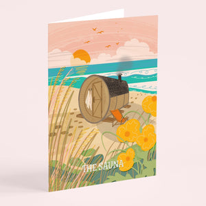 Greeting card with a sauna design on a beach scene