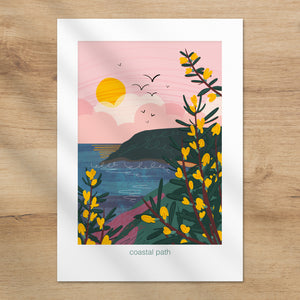 coastal path print, gorse illustration print, coastal landscape art, seaside wall art, A4 coastal wall art, nature inspired print, coastal home decor, beach walk artwork, cliffs and sea print, gift for walkers, coastal decor print, seaside illustration, UK coastal art, countryside and coast art, calming wall art, let’s go outside collection, ocean view artwork, botanical coastal print, eucalyptus paper print, coastal gift
