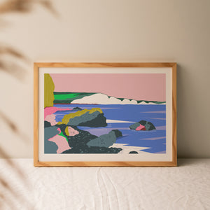 dreamy landscape print, Sussex coastal print, Seven Sisters cliffs print, Coastguard cottages print, Hope Gap print, Seaford Splash Point print, Seaford Head cliffs print, Sussex landscape art, Sussex wall art, Sussex coastline illustration, South Downs coastal print, British coastline artwork, coastal wall decor, seaside landscape print, Sussex gift, Sussex souvenir art, nature inspired wall art, coastal home decor, illustrated Sussex print, UK coastal landscape art