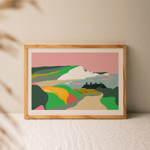 dreamy landscape print, Sussex coastal print, Seven Sisters cliffs print, Coastguard cottages print, Hope Gap print, Seaford Splash Point print, Seaford Head cliffs print, Sussex landscape art, Sussex wall art, Sussex coastline illustration, South Downs coastal print, British coastline artwork, coastal wall decor, seaside landscape print, Sussex gift, Sussex souvenir art, nature inspired wall art, coastal home decor, illustrated Sussex print, UK coastal landscape art
