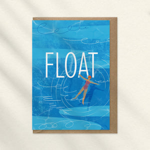 illustrated greeting card with 'FLOAT' text and a swimmer illustration on a blue water background.