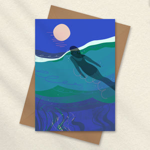 Full moon sea swimming card with wild swimmer in the ocean