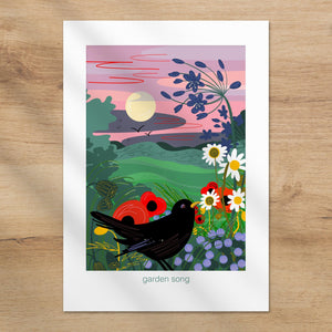 garden bird print, blackbird illustration, floral garden artwork, botanical art print, A4 nature print, garden wall art, gift for gardeners, bird lover gift, wildflower illustration, evening garden print, let’s go outside collection, cottage garden art, nature inspired wall art, flower illustration print, UK garden art, agapanthus illustration, daisy poppy artwork, calming home decor, eucalyptus paper print, garden lover gift