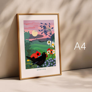 garden bird print, blackbird illustration, floral garden artwork, botanical art print, A4 nature print, garden wall art, gift for gardeners, bird lover gift, wildflower illustration, evening garden print, let’s go outside collection, cottage garden art, nature inspired wall art, flower illustration print, UK garden art, agapanthus illustration, daisy poppy artwork, calming home decor, eucalyptus paper print, garden lover gift